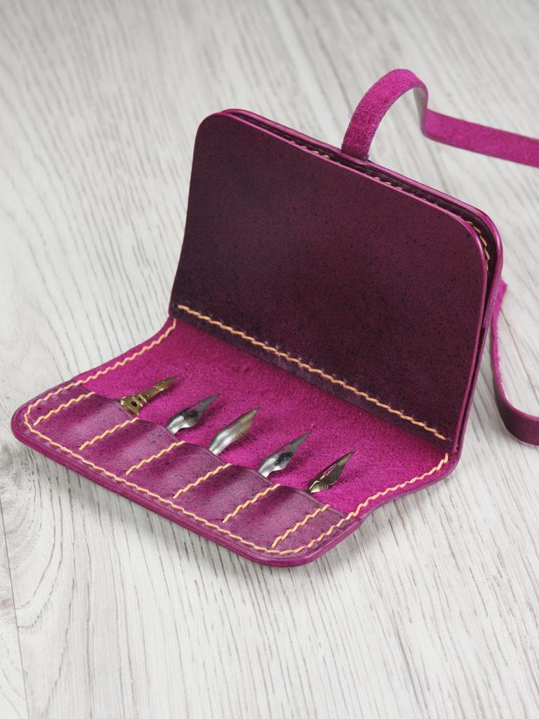 Кожаный пенал для перьев Фуксия оранж