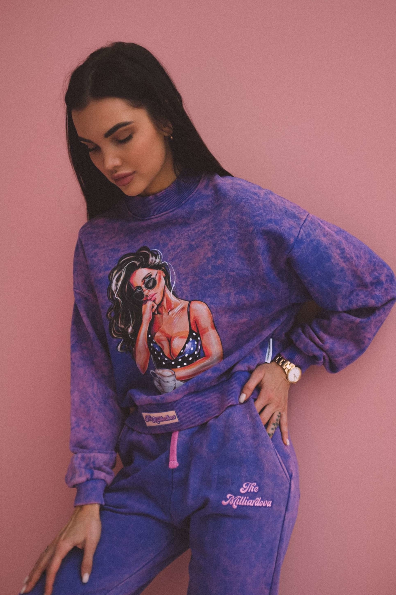 Свитшот вареный с принтом, сине-фиолетовый с розовым XS-S