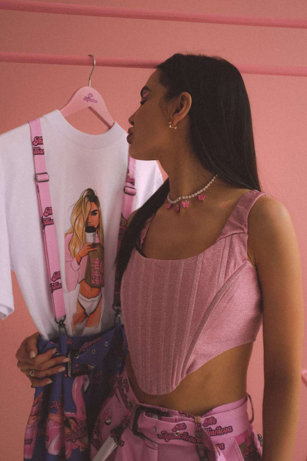 Подтяжки джинсовые ECSAPISM, розовые