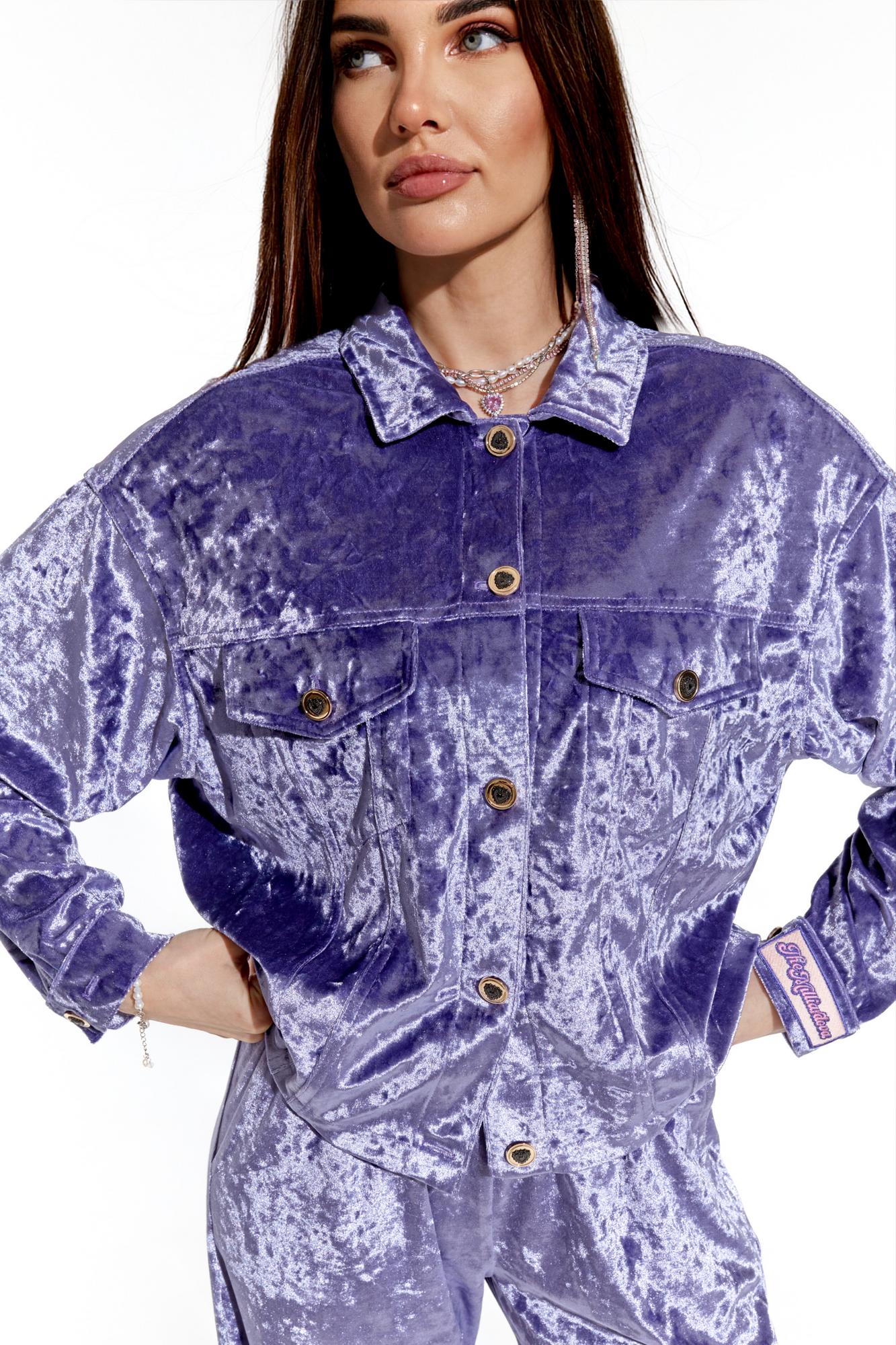 Рубашка бархатная укороченая, сиреневая жатая