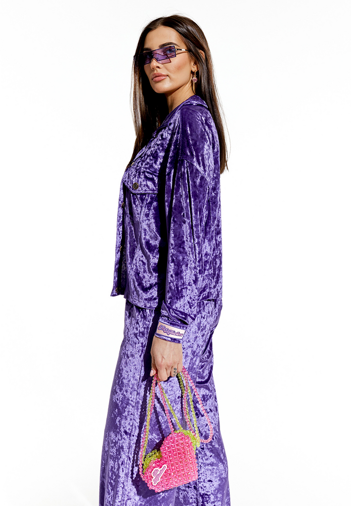 Рубашка бархатная укороченная, фиолетовая жатая