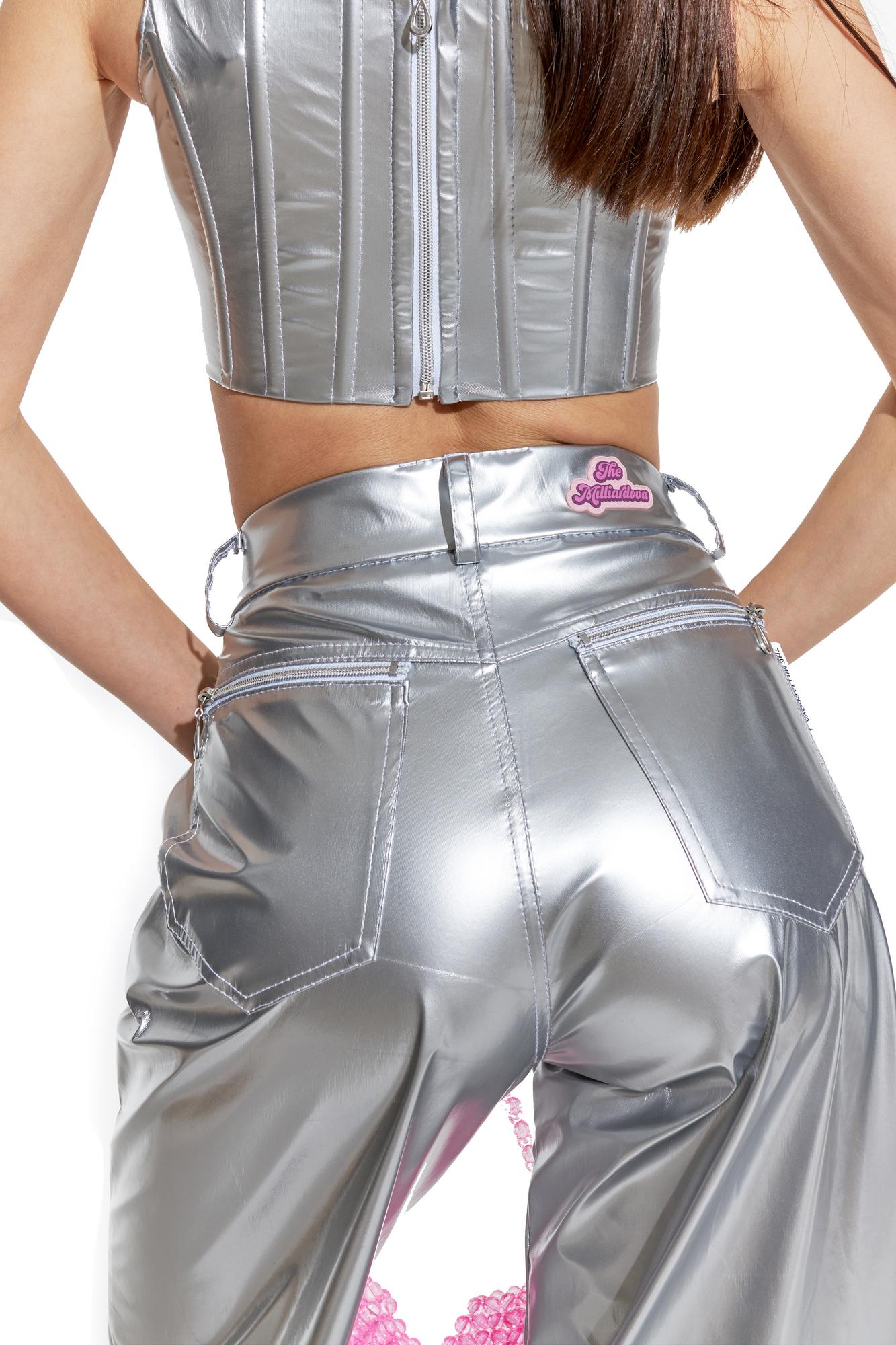 Брюки блестящие, кожа серебро