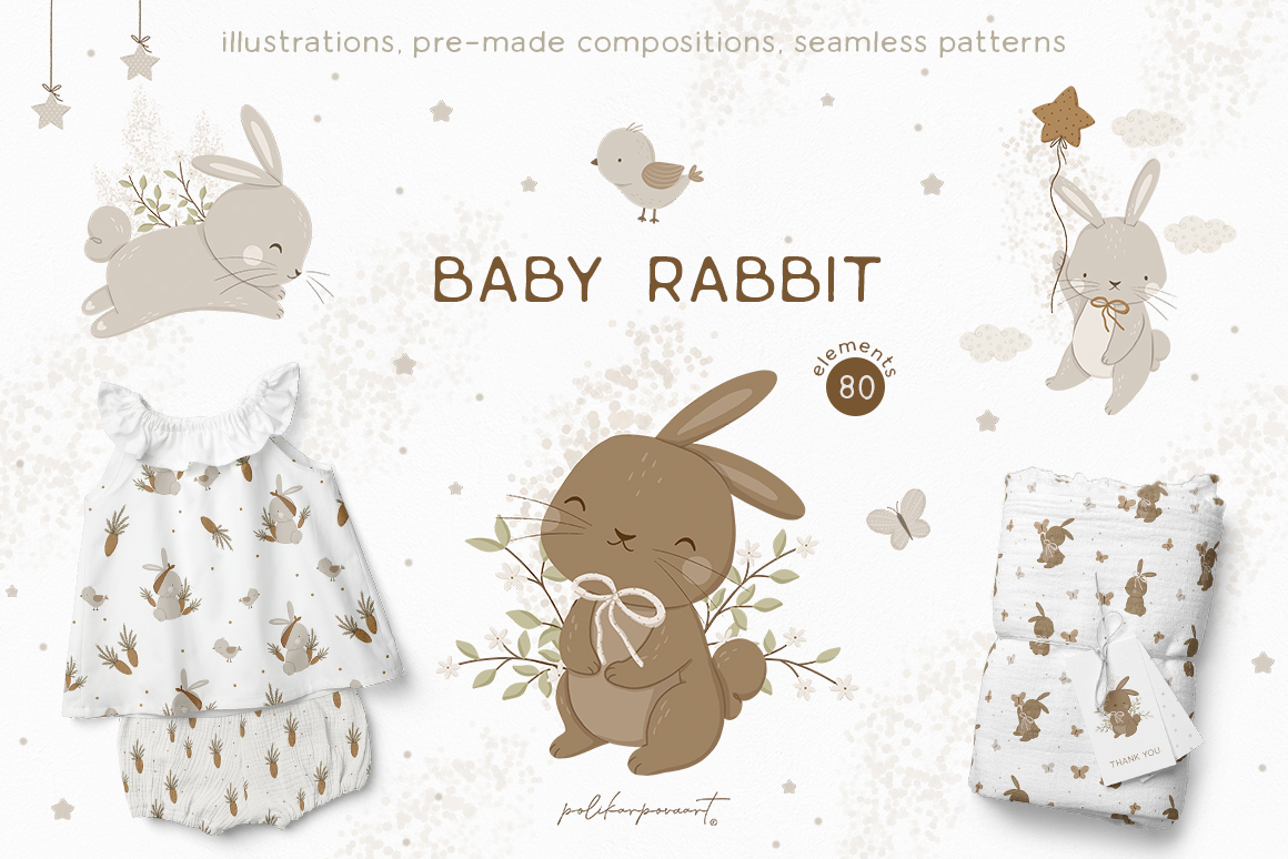 Collection "Baby rabbit" - cute illustrations and seamless patterns