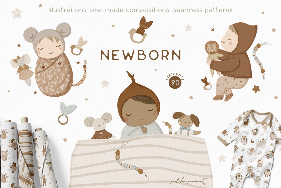 Collection "Newborn"- baby illustrations and seamless patterns