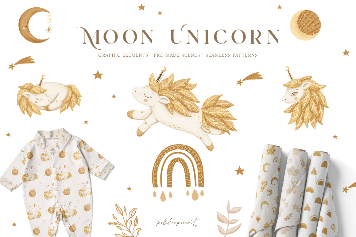 Collection  "Moon Unicorn"- children's illustrations and patterns