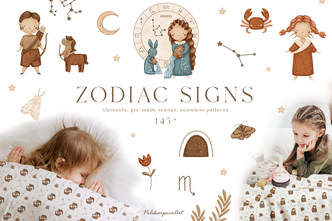 Astrological collection "Zodiac Signs" - children's illustrations and patterns