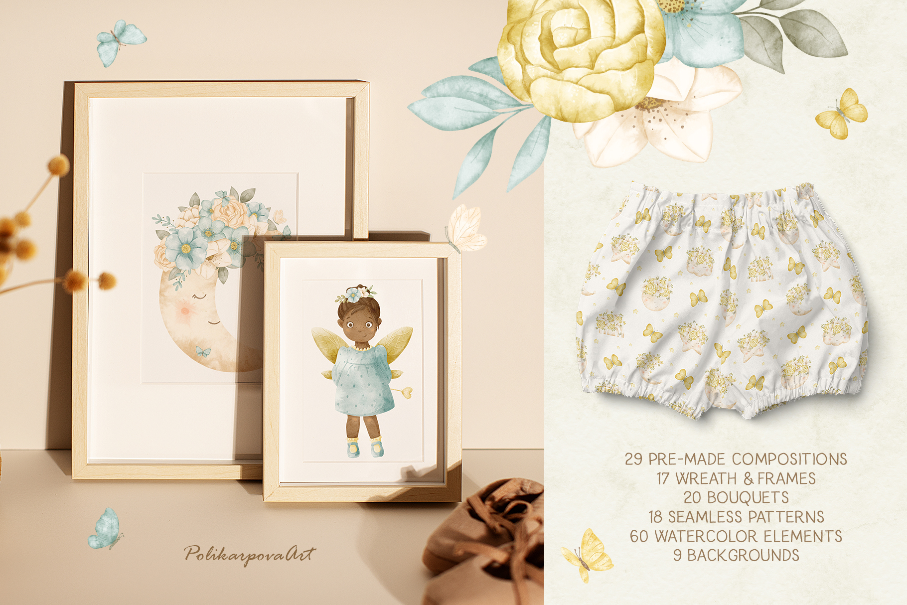 Watercolor collection "Fairy" - children's illustrations, patterns, flower bouquets and wreaths