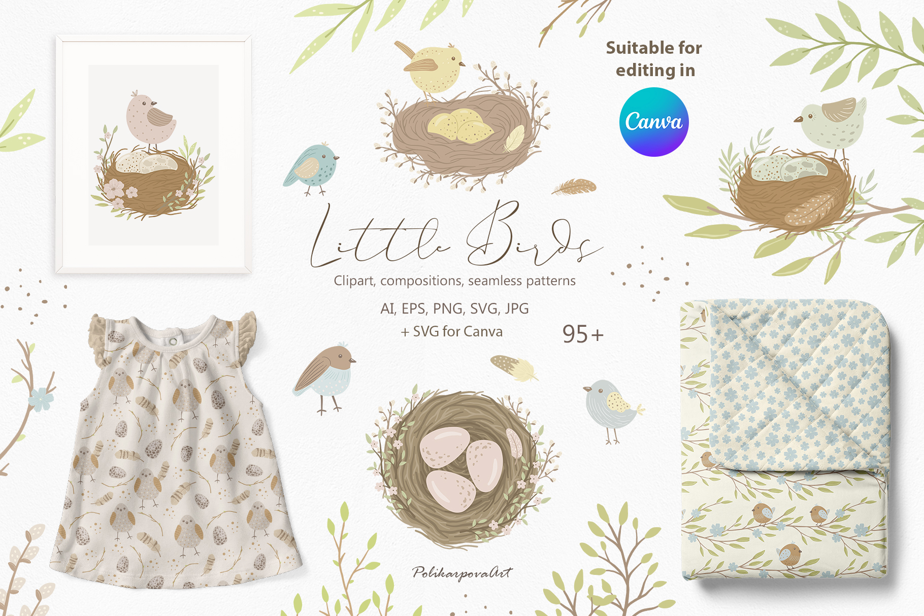 Vector collection "Little Birds" - children's illustrations and seamless patterns