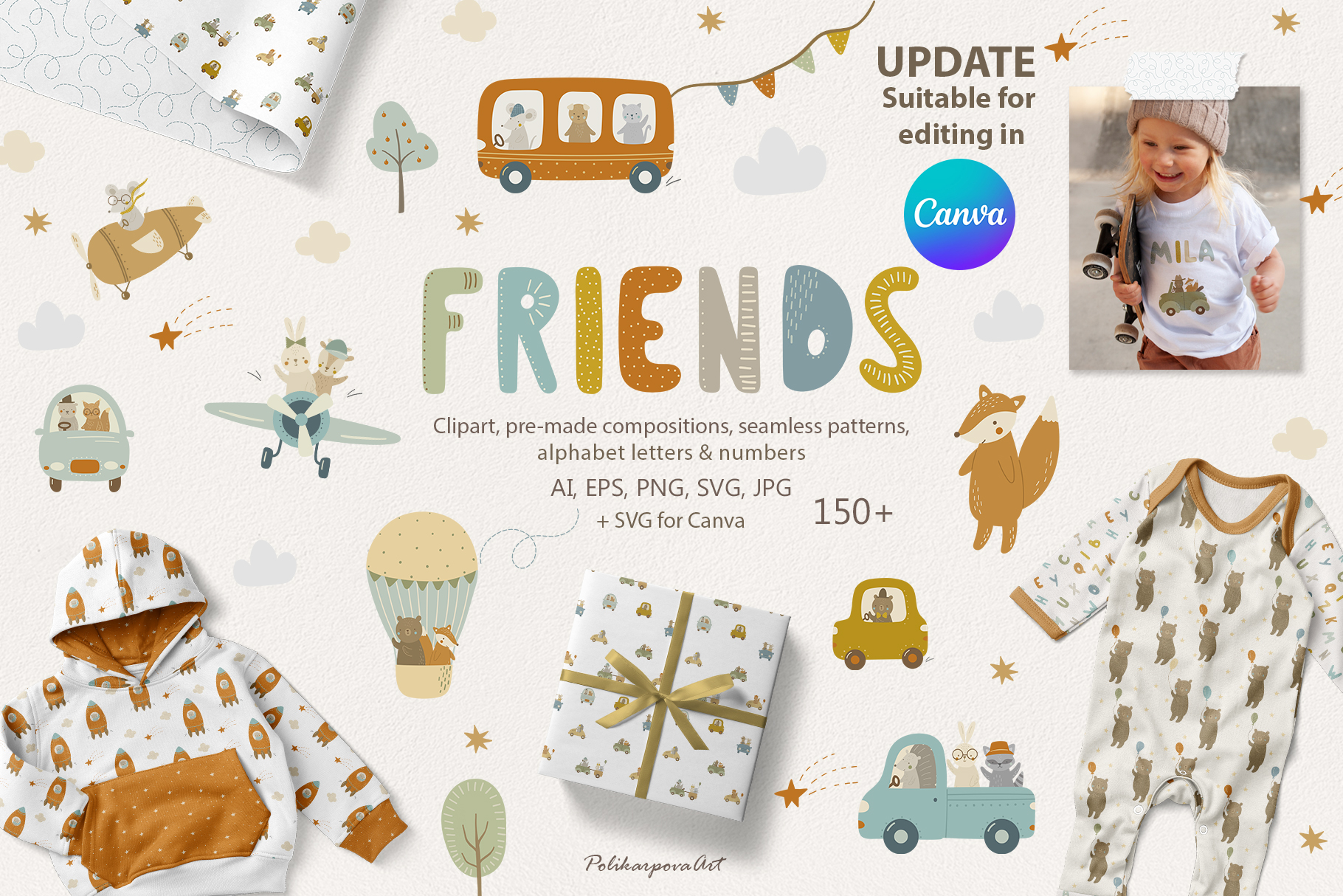 Vector collection "Friends" - kids illustrations and seamless patterns