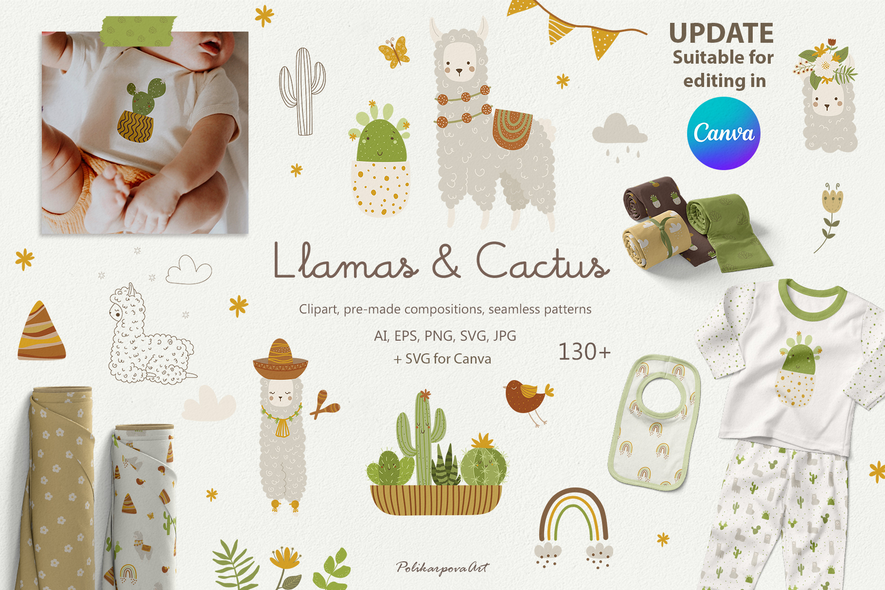 Vector collection "Llamas and cactus" - children's illustrations and seamless patterns
