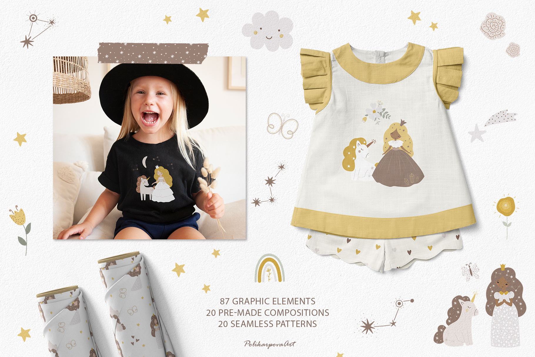 Vector collection "Princess and Unicorn" - children's illustrations and seamless patterns