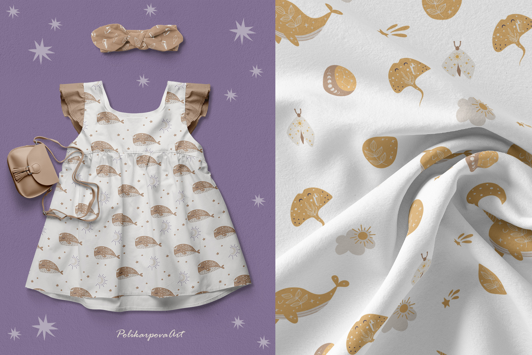 Vector collection "Celestial animals" - children's illustrations and seamless patterns
