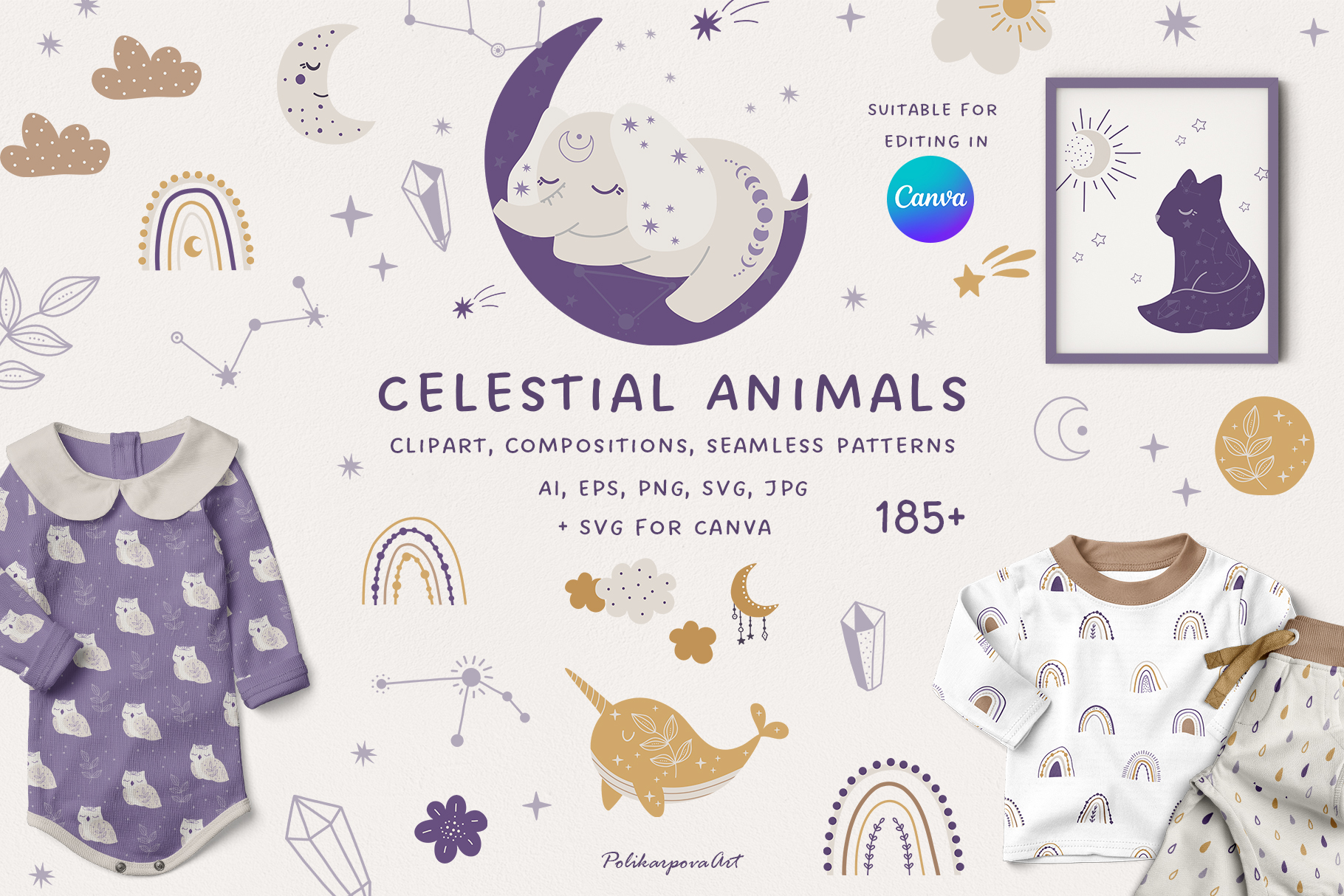Vector collection "Celestial animals" - children's illustrations and seamless patterns