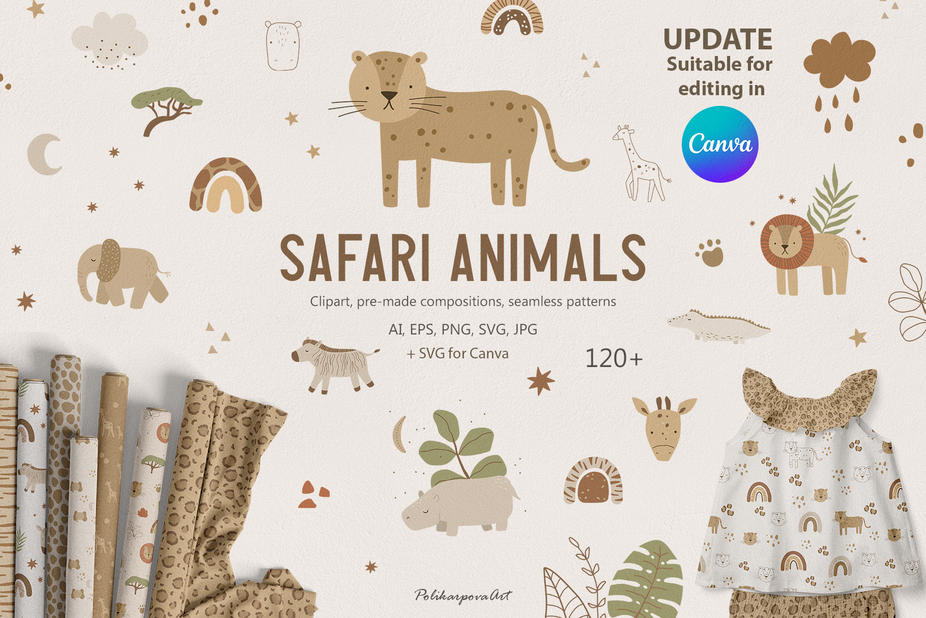 Vector collection "Safari animals" - children's illustrations and seamless patterns