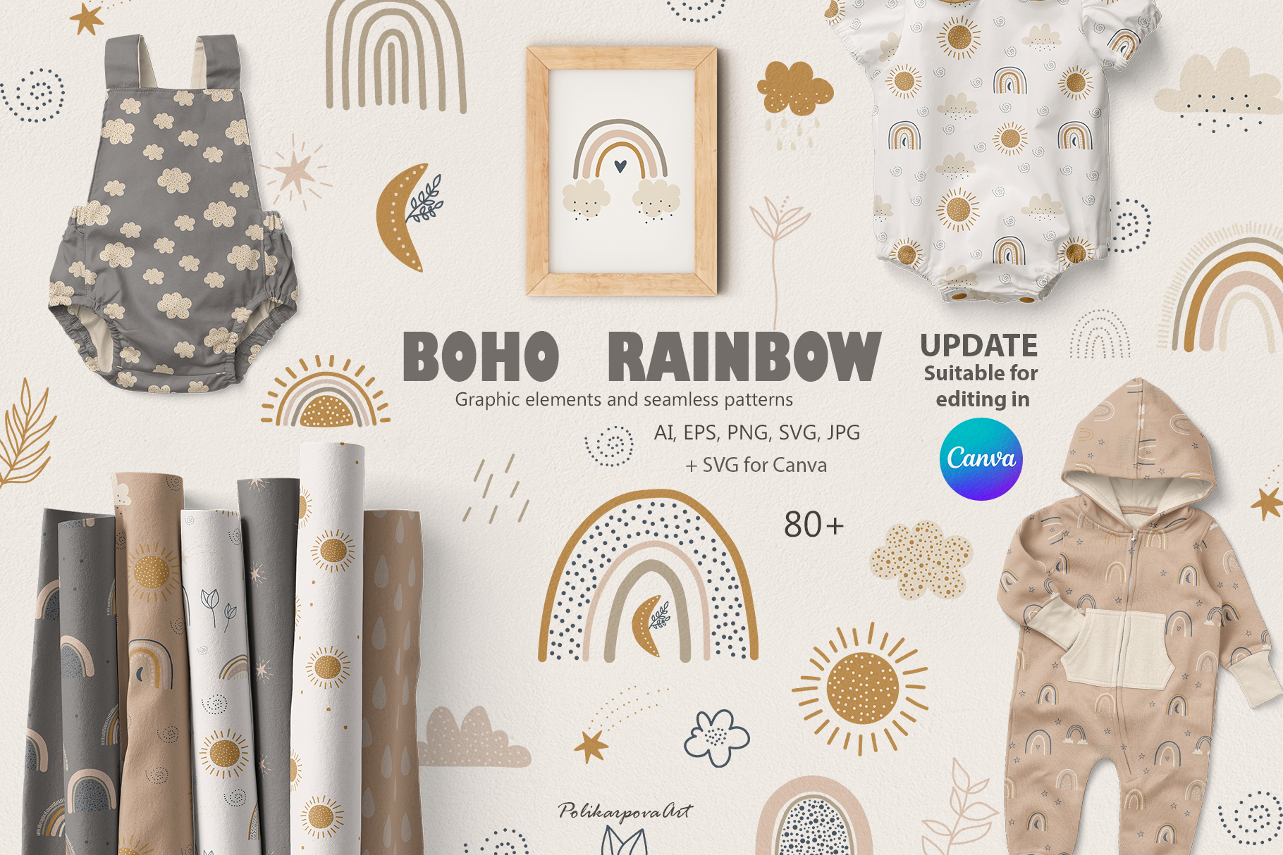 Vector collection "Boho Rainbow" - children's illustrations and seamless patterns