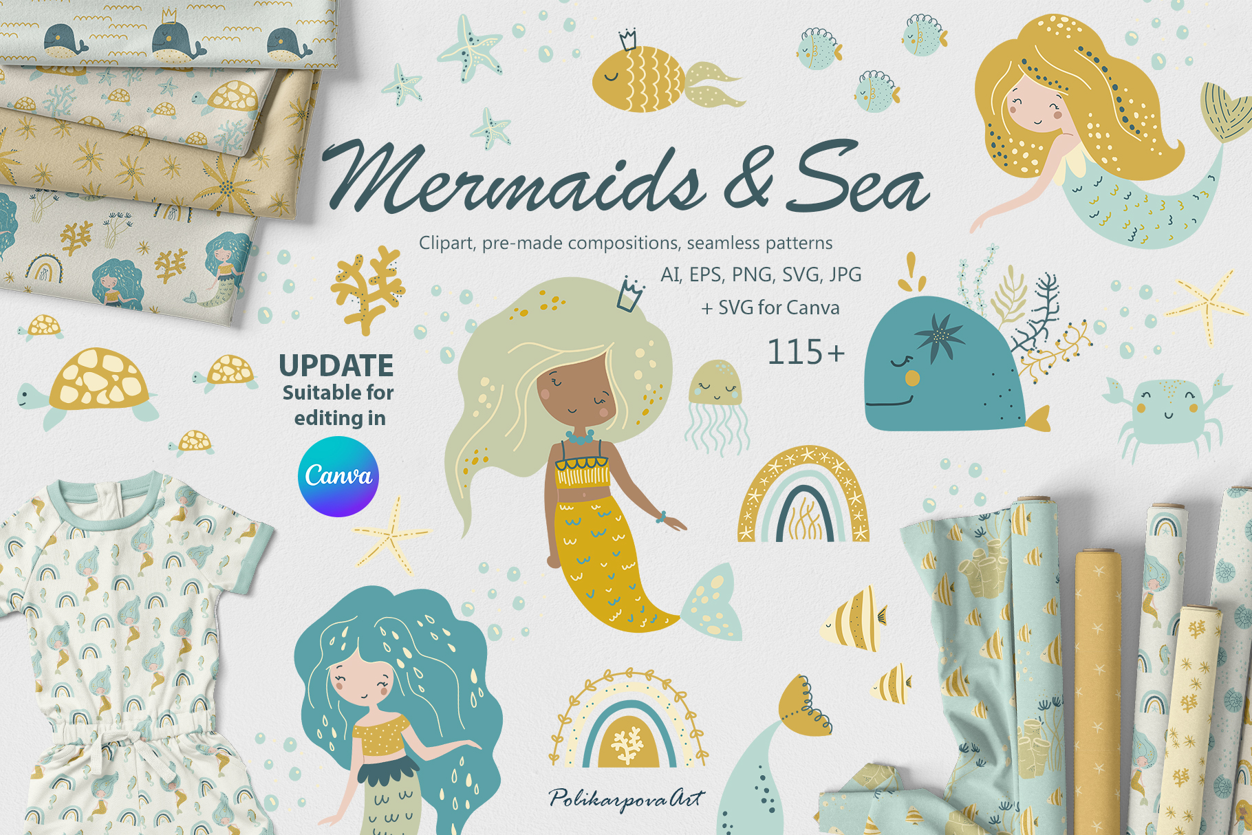Vector collection "Mermaids and Sea" - kids illustrations and seamless patterns
