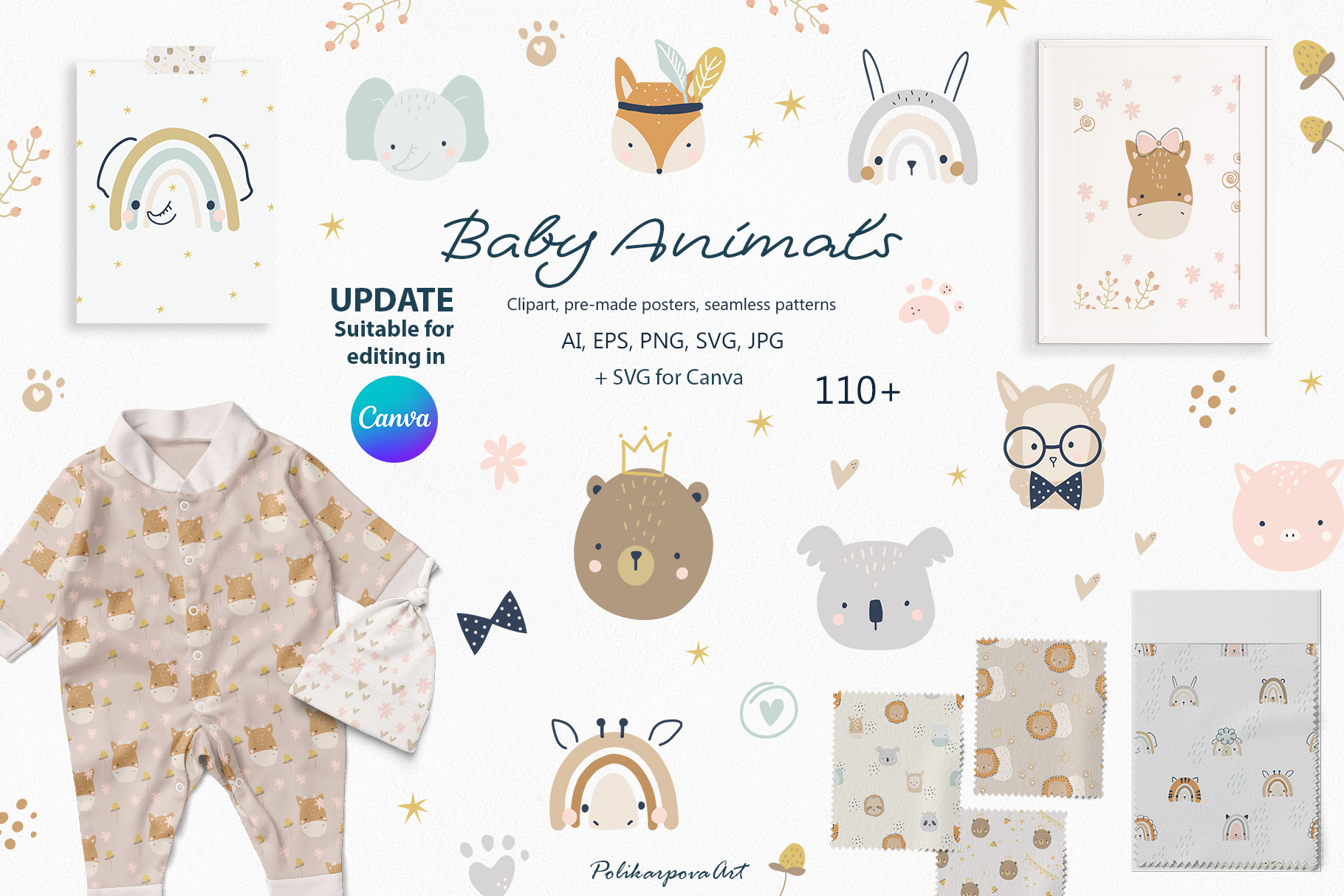 Vector collection "Baby Animals" - children's illustrations and seamless patterns