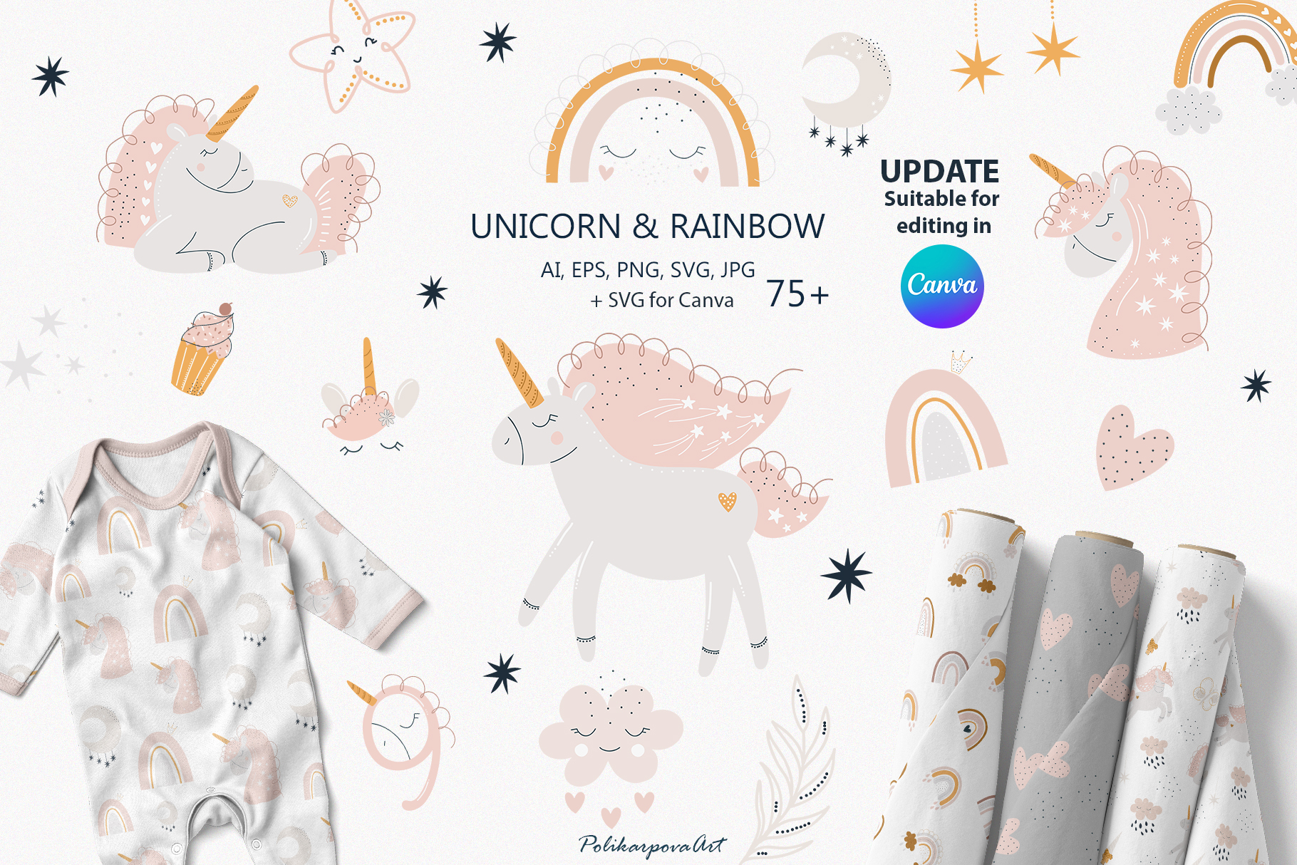 Vector collection "Unicorn and Rainbow" - baby illustrations and seamless patterns
