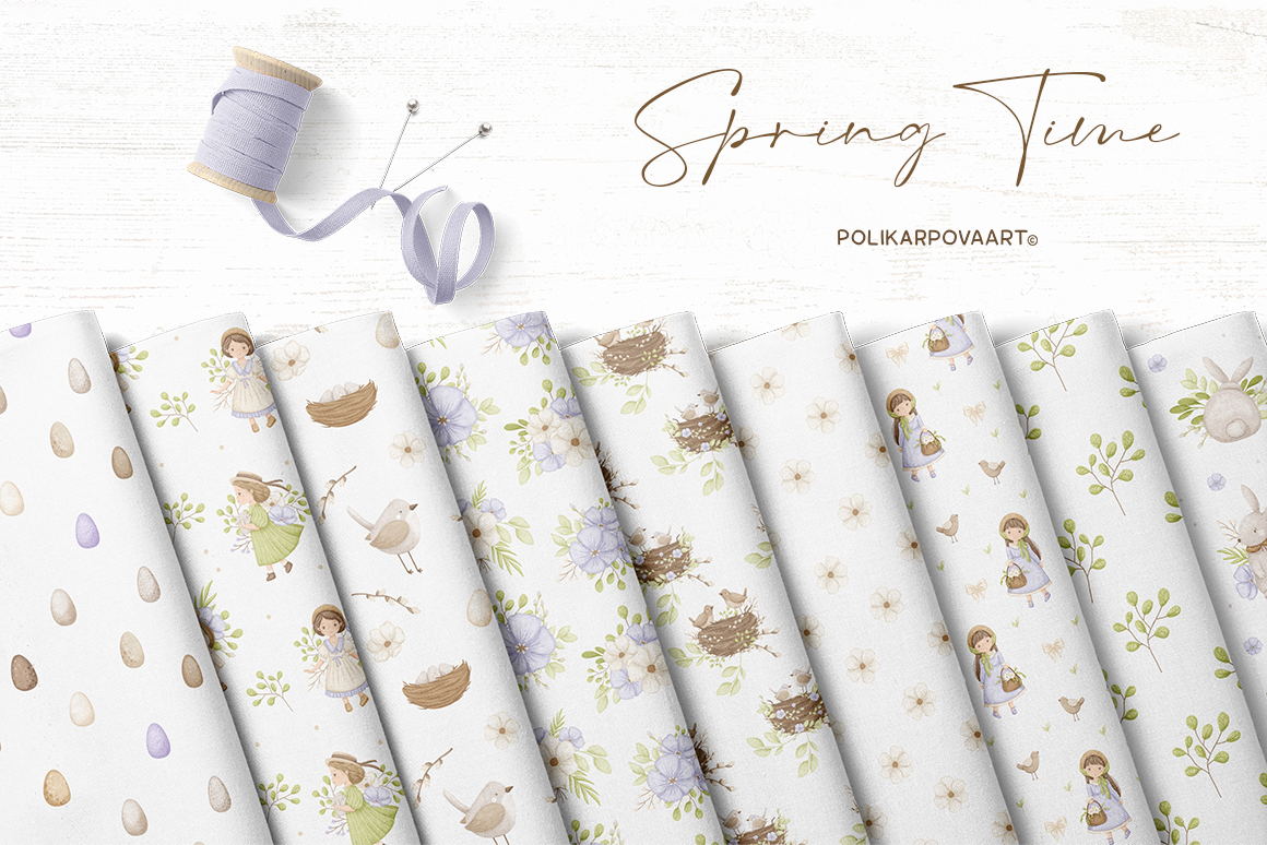 Collection "Spring time" - children's illustrations and patterns, flower bouquets and wreaths