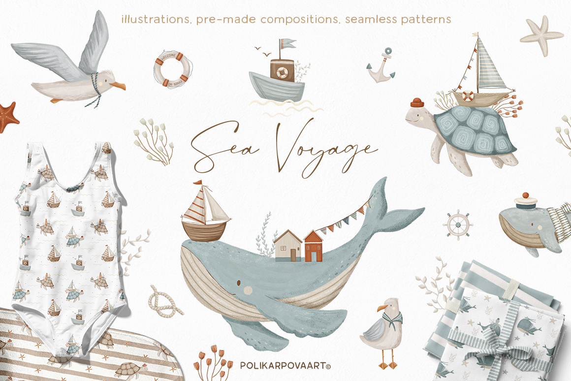 Collection "Sea Voyage" - children's illustrations and patterns