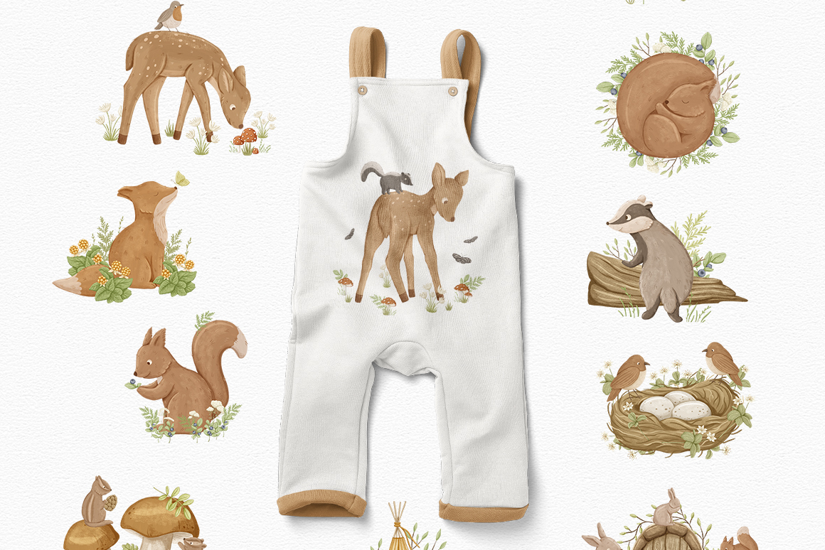 Collection "Woodland" - children's illustrations and patterns, English alphabet