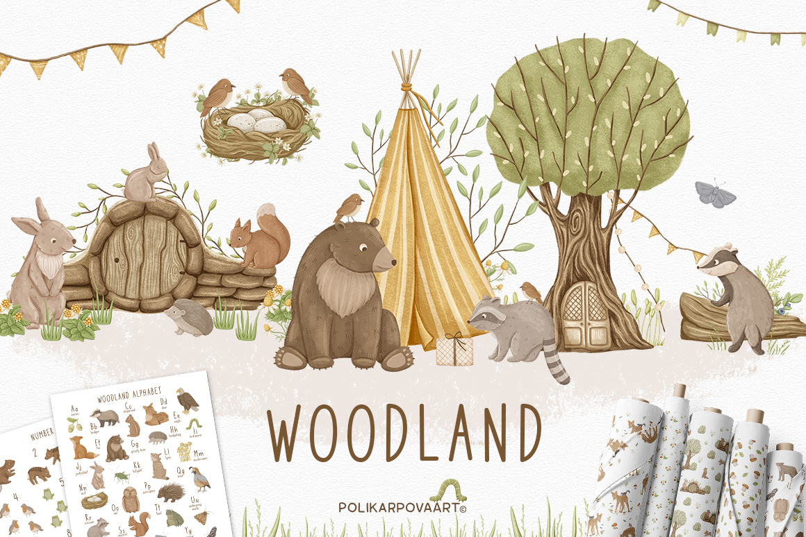 Collection "Woodland" - children's illustrations and patterns, English alphabet