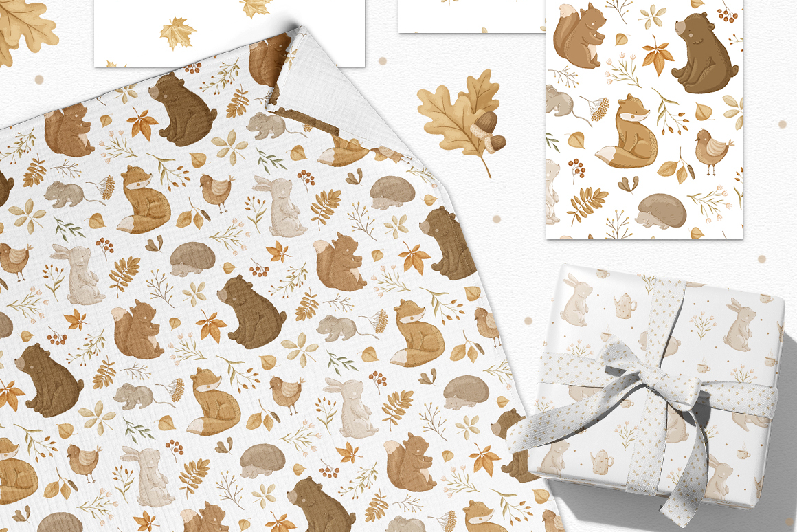 Collection "Warm Autumn" - kids illustrations and patterns, English alphabet
