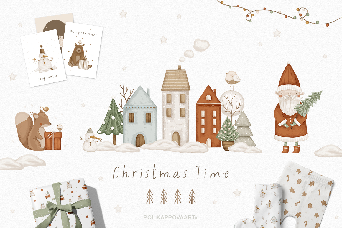 Collection "Christmas time" - baby illustrations, postcards and patterns