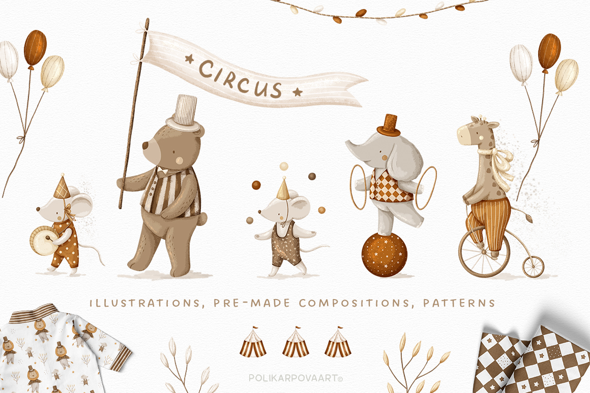 Collection "Circus" - children's illustrations and seamless patterns