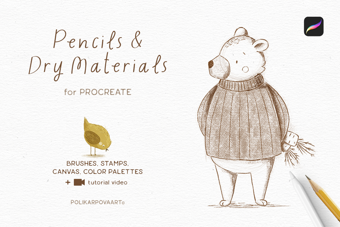 "Pencils & Dry Materials" - pencils brushes and canvas for Procreate