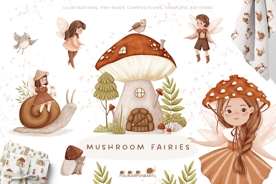 Collection "Mushroom Fairies" - graphic illustrations, compositions and seamless patterns
