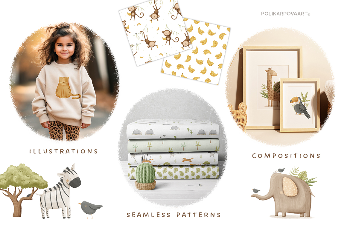 Collection "Safari Friends" - graphic illustrations, compositions and seamless patterns