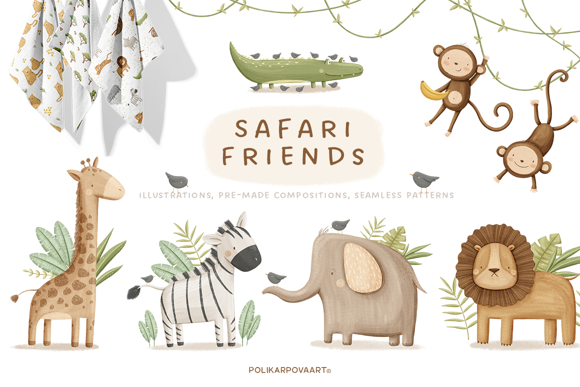 Collection "Safari Friends" - graphic illustrations, compositions and seamless patterns