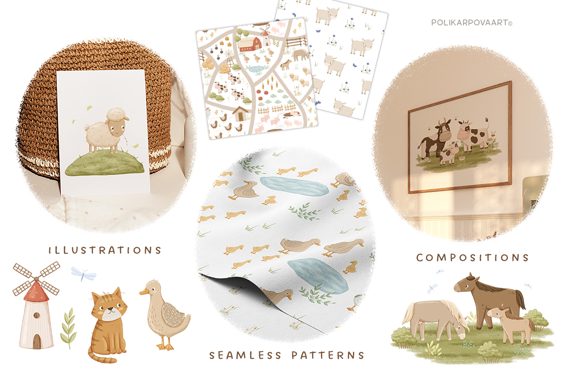 Collection "Family Farm" - graphic illustrations, compositions and seamless patterns