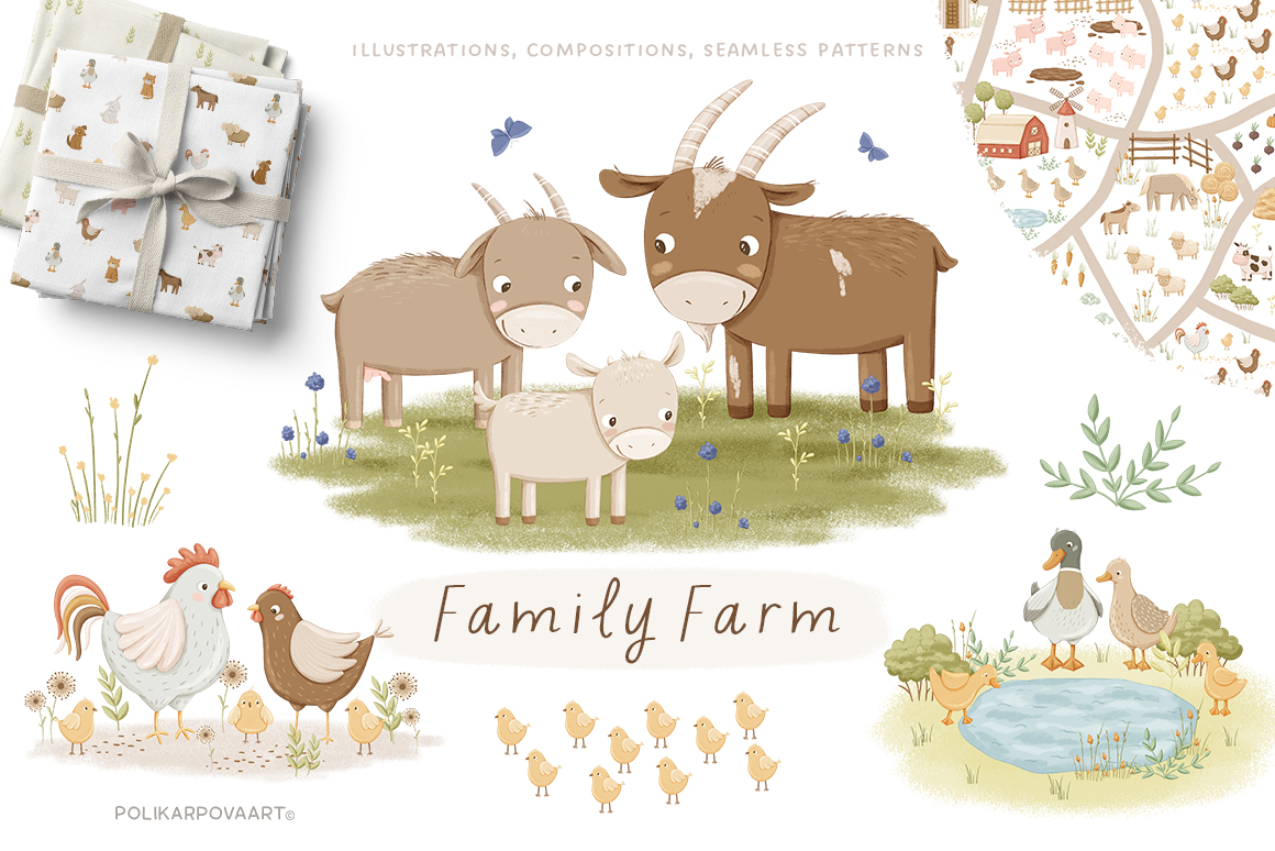 Collection "Family Farm" - graphic illustrations, compositions and seamless patterns