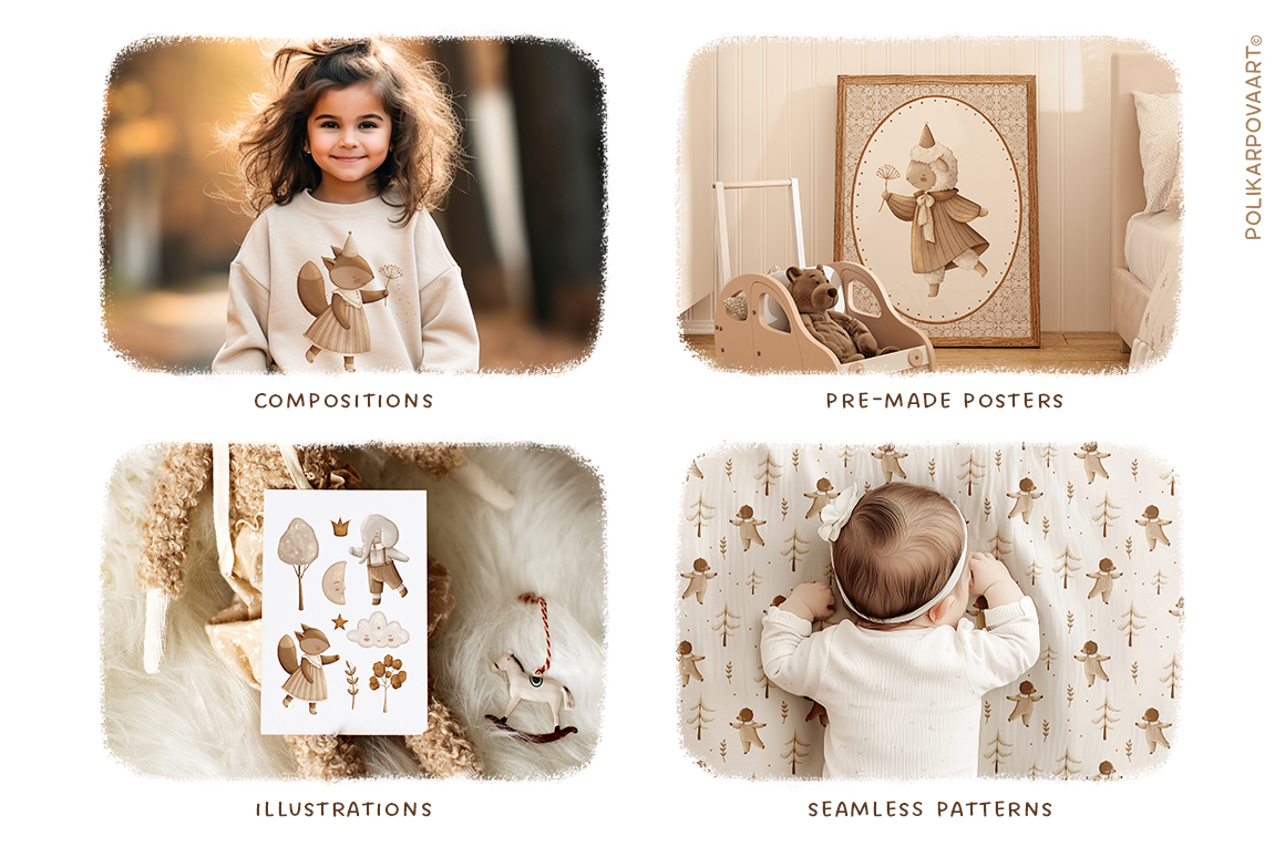 Collection "Vintage nursery" - graphic illustrations, compositions, posters and seamless patterns