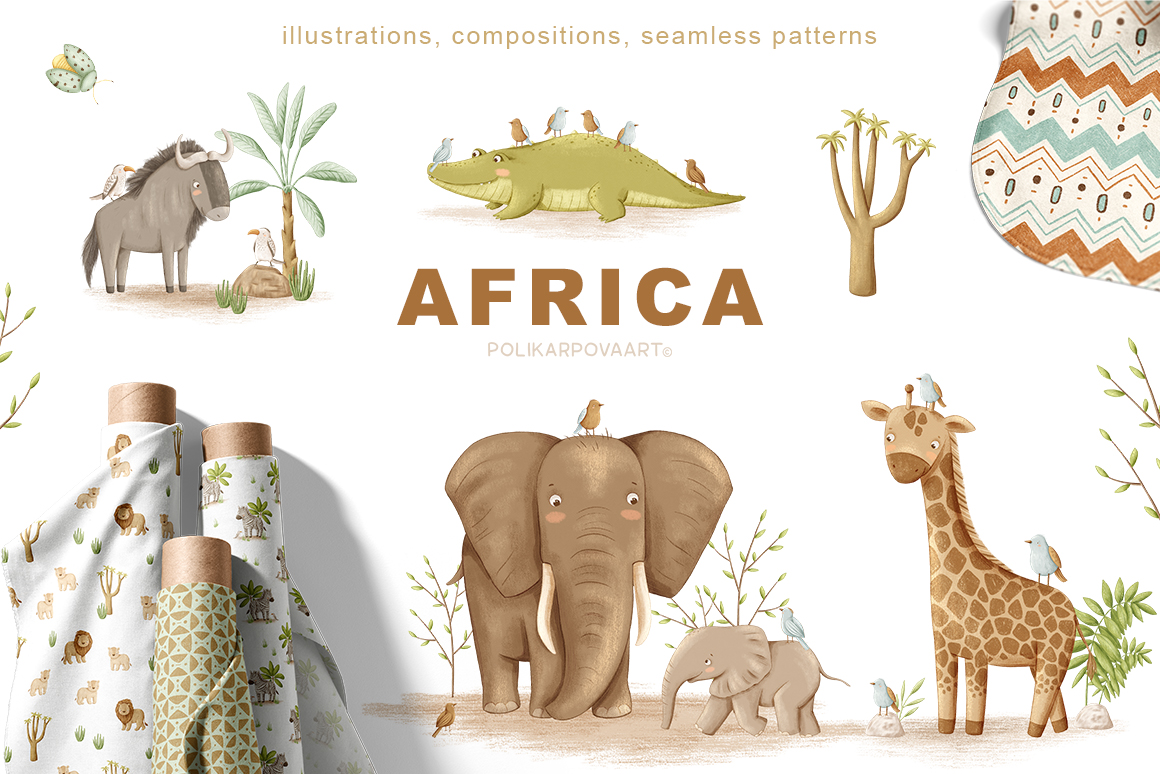 Collection "Africa" - graphic illustrations, compositions and seamless patterns