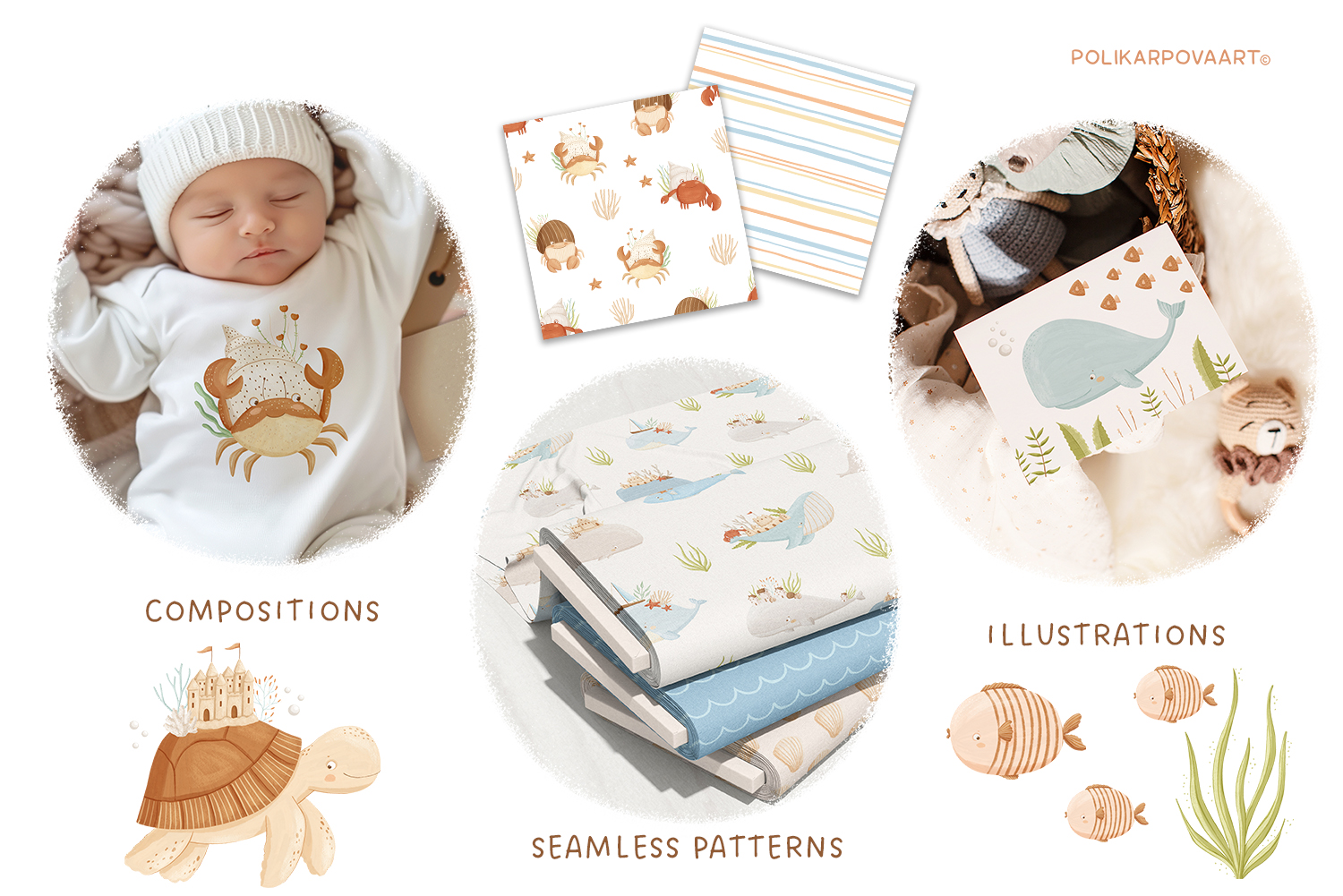 Collection "Ocean dreams" - graphic illustrations, compositions and seamless patterns