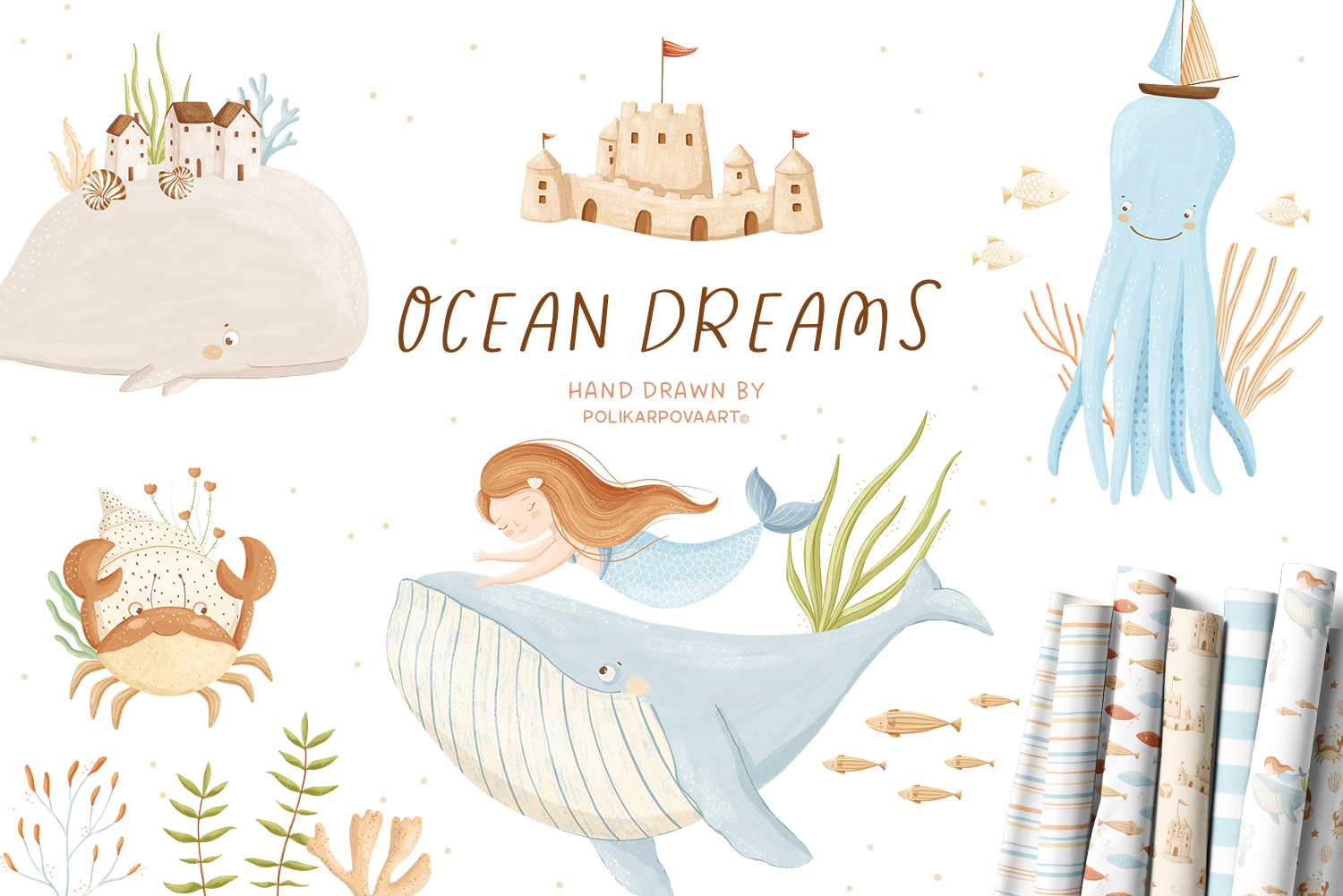 Collection "Ocean dreams" - graphic illustrations, compositions and seamless patterns