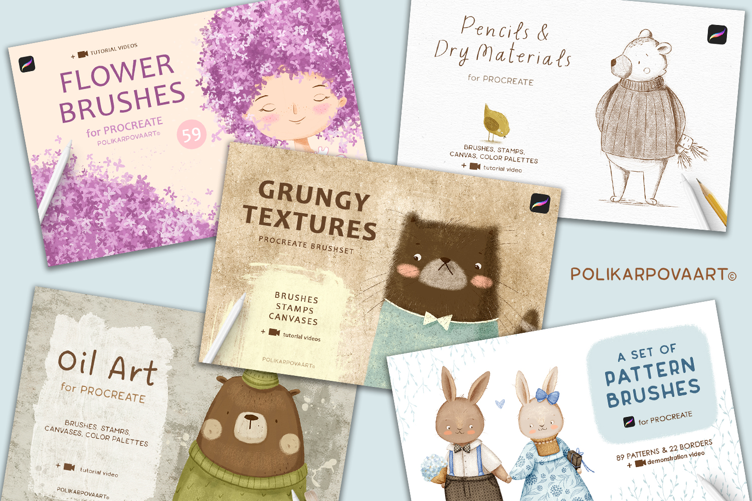 Bundle Brushes 5 in 1 - textured brushes, pattern brushes and floral brushes for Procreate