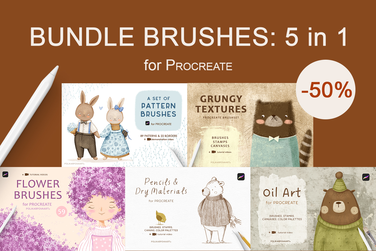 Bundle Brushes 5 in 1 - textured brushes, pattern brushes and floral brushes for Procreate