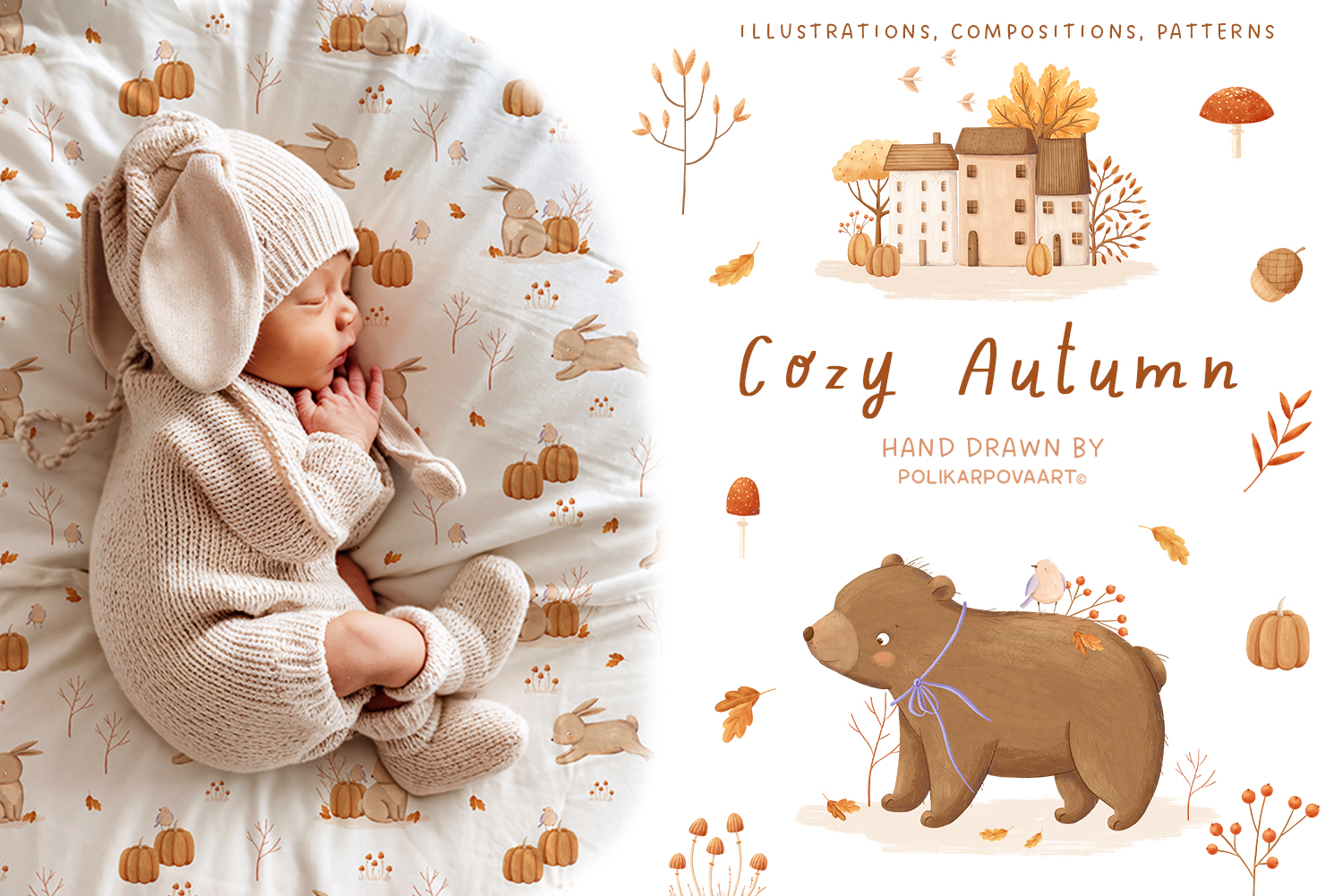 Collection "Cozy Autumn" - graphic illustrations, compositions and seamless patterns