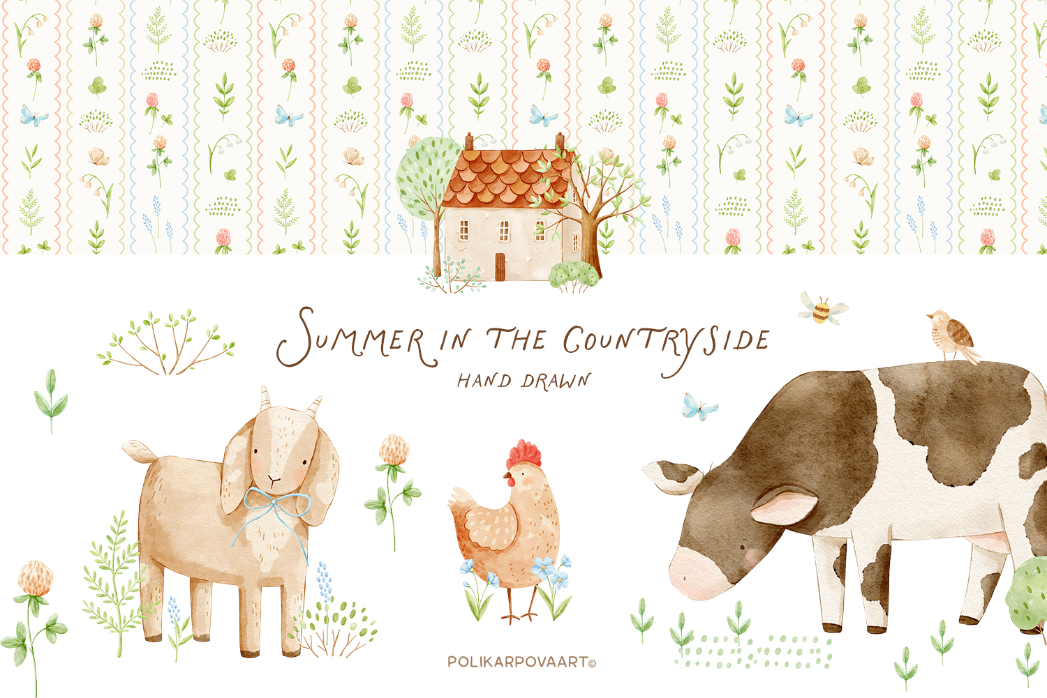 Collection "Summer in the countryside" - watercolor illustrations, compositions, posters and seamless patterns