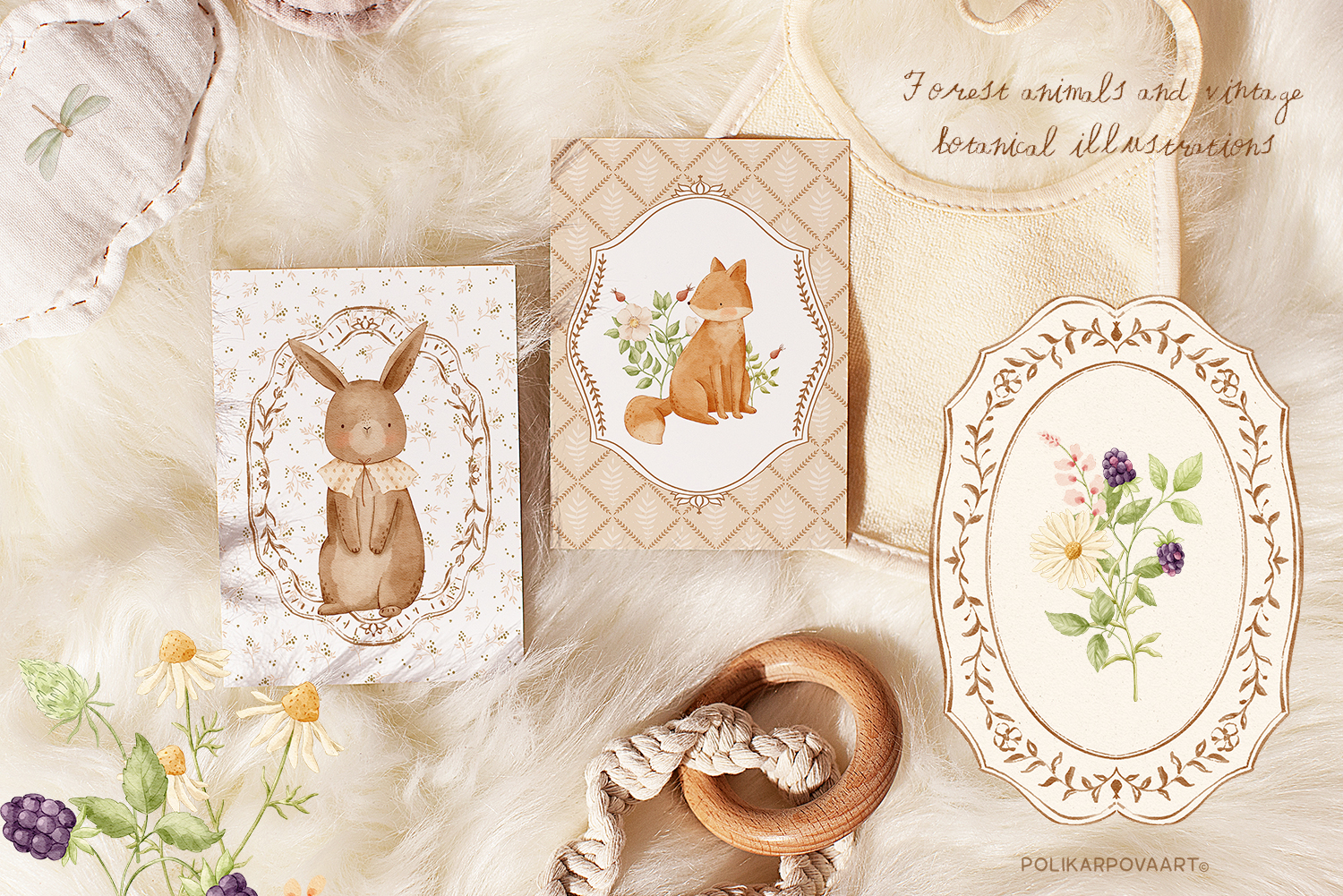 Collection "Charming meadow" - watercolor illustrations, compositions, patterns and prints