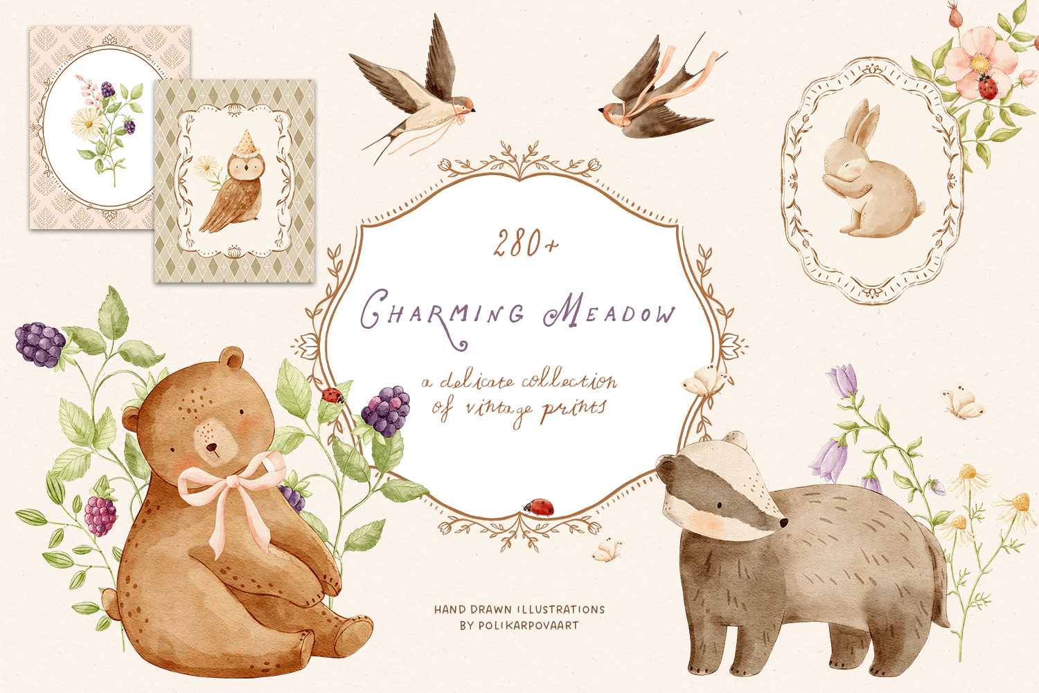 Collection "Charming meadow" - watercolor illustrations, compositions, patterns and prints