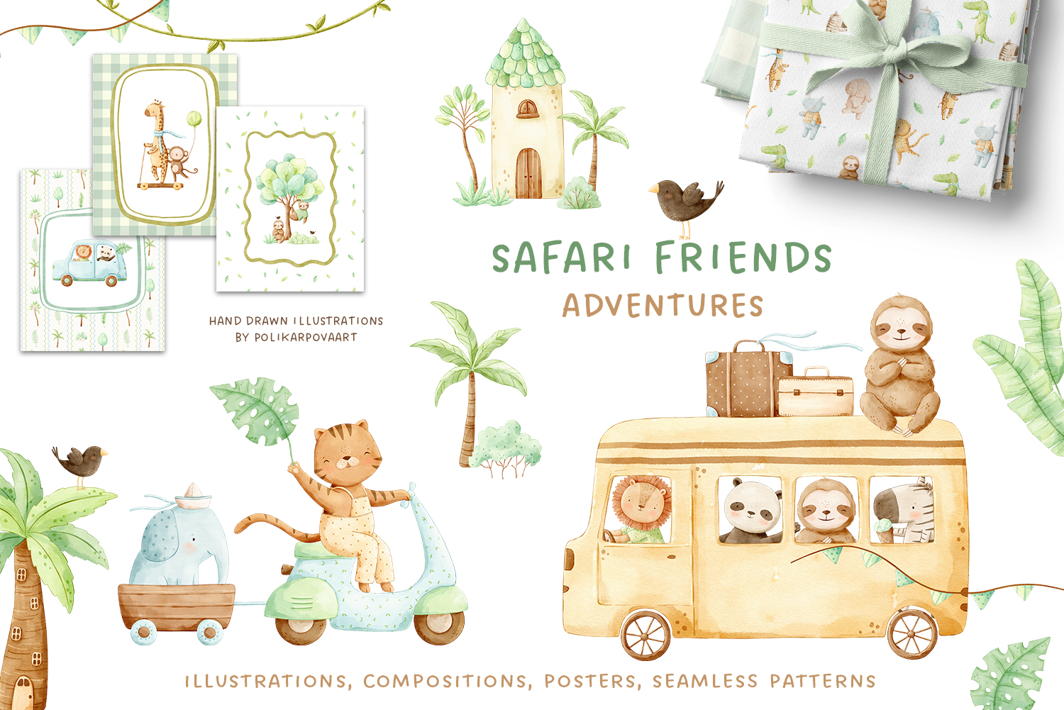 Collection "Safari Friends, Adventures" - watercolor illustrations, compositions, patterns and posters