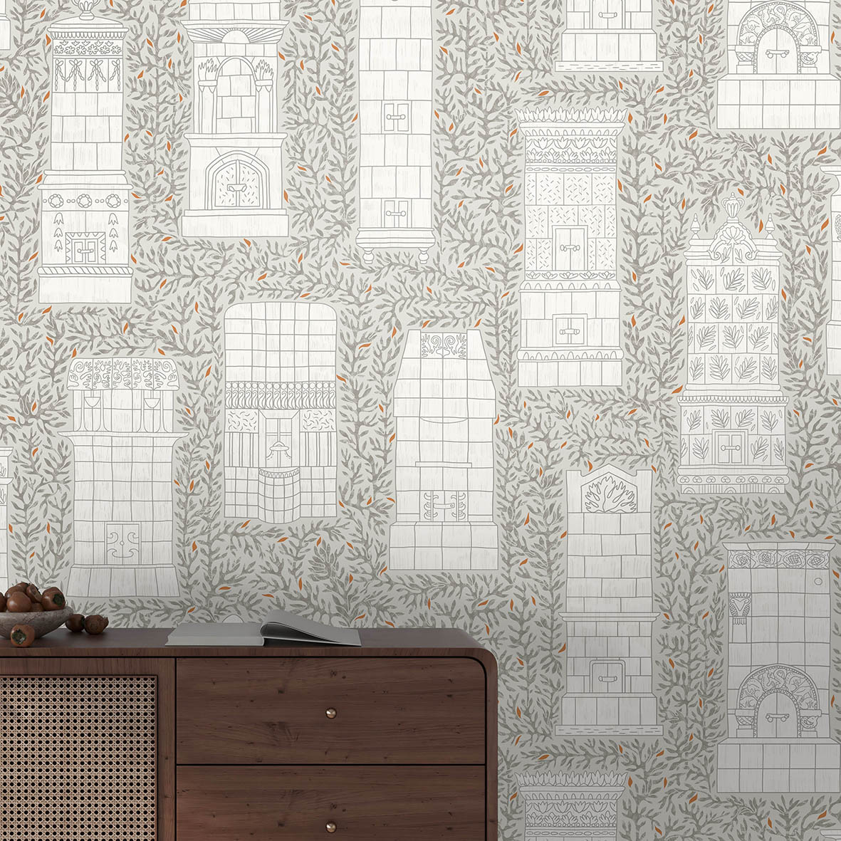 Обои Печи (бежевый фон с веточками)