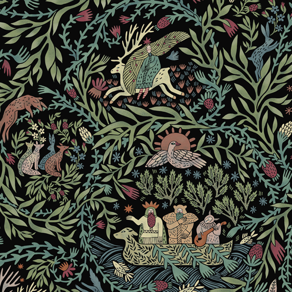 Интерьерная ткань Биармия (черный фон с зелеными веточками)