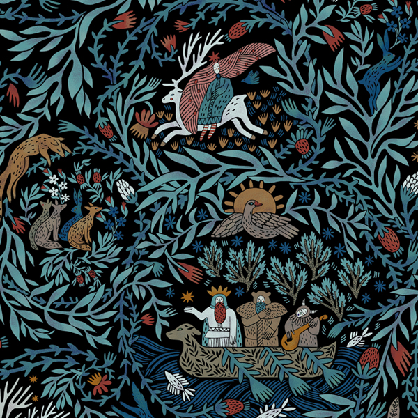 Интерьерная ткань Биармия (черный фон с синими веточками)