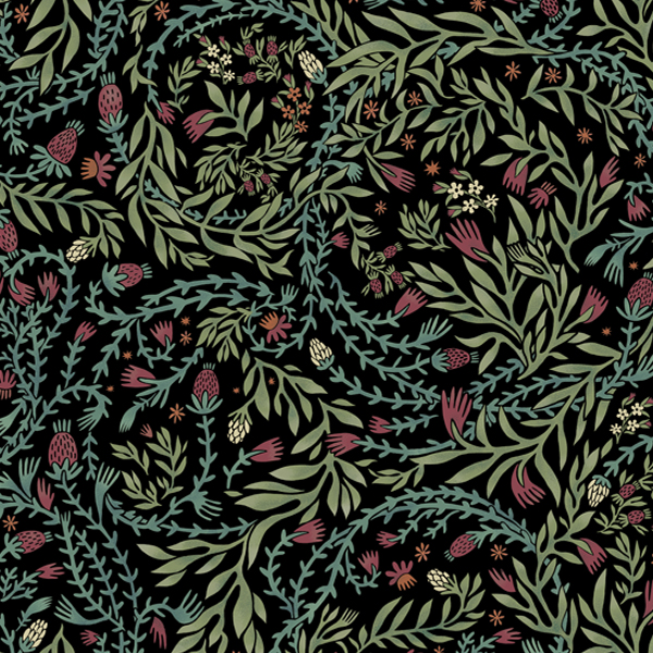 Интерьерная ткань Эмтор (черный фон с зелеными листьями)  компаньон для Биармии